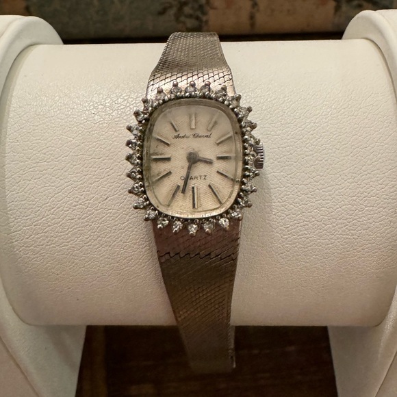 Vintage White Gold & Stainless Andre Cheval Ladies 28 Diamond Face Ladies Watch - Picture 2 of 10
